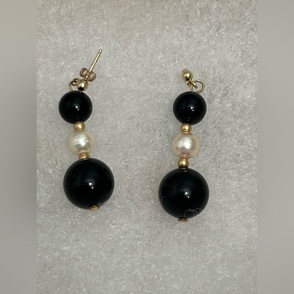 Vintage Estate 14KYellow Gold Black ONYX Pearl Bead Dangle...